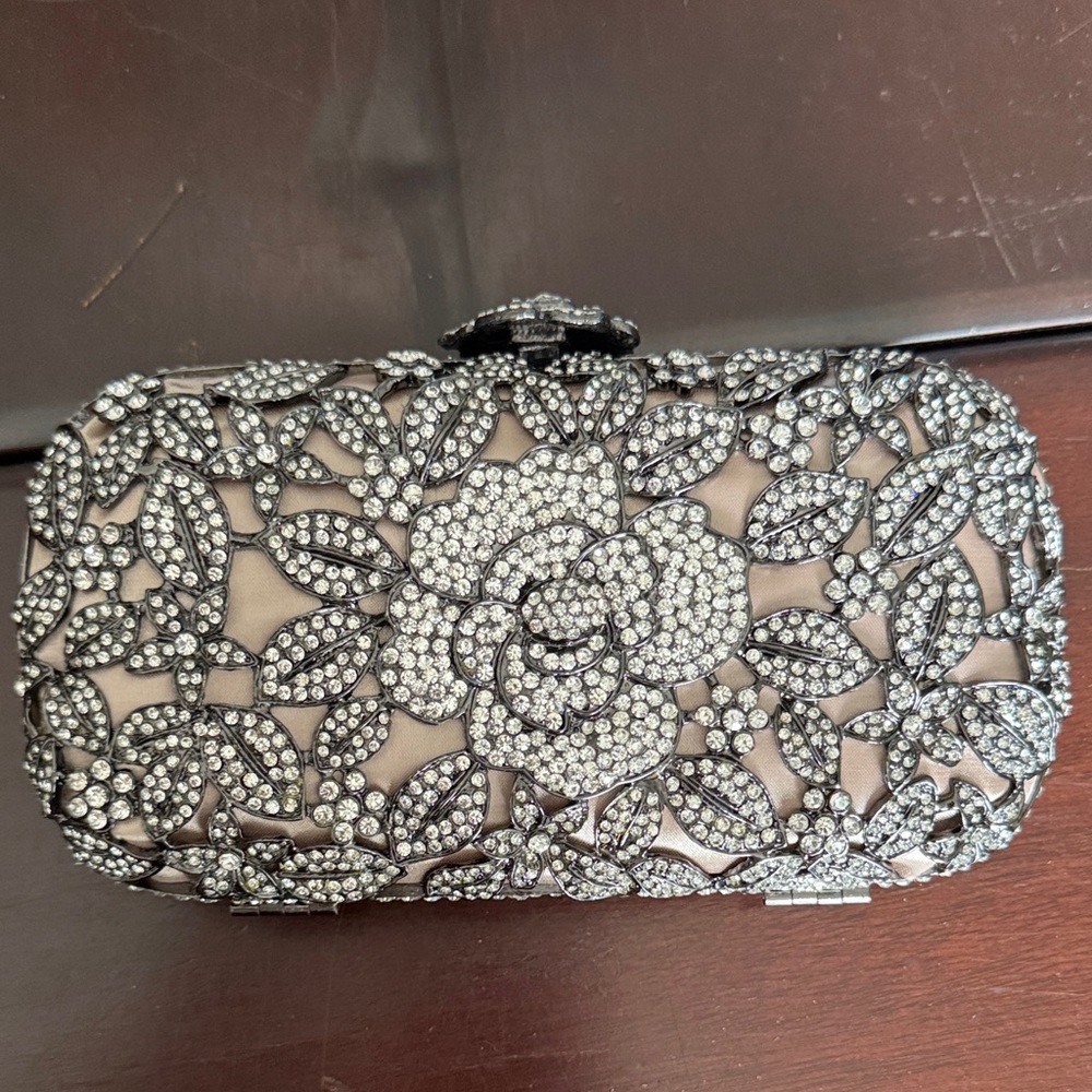 Natasha Couture Silver Floral Crystal Clutch